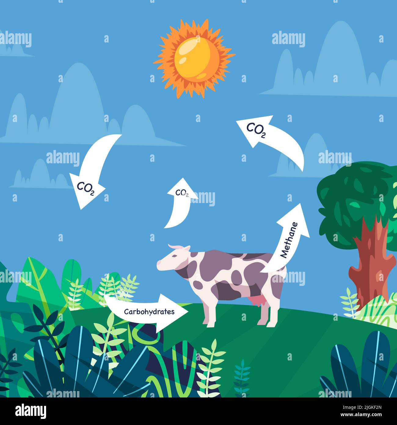 Life cycle of carbon Methane released by cow gasses emission released illustration design Stock Vector