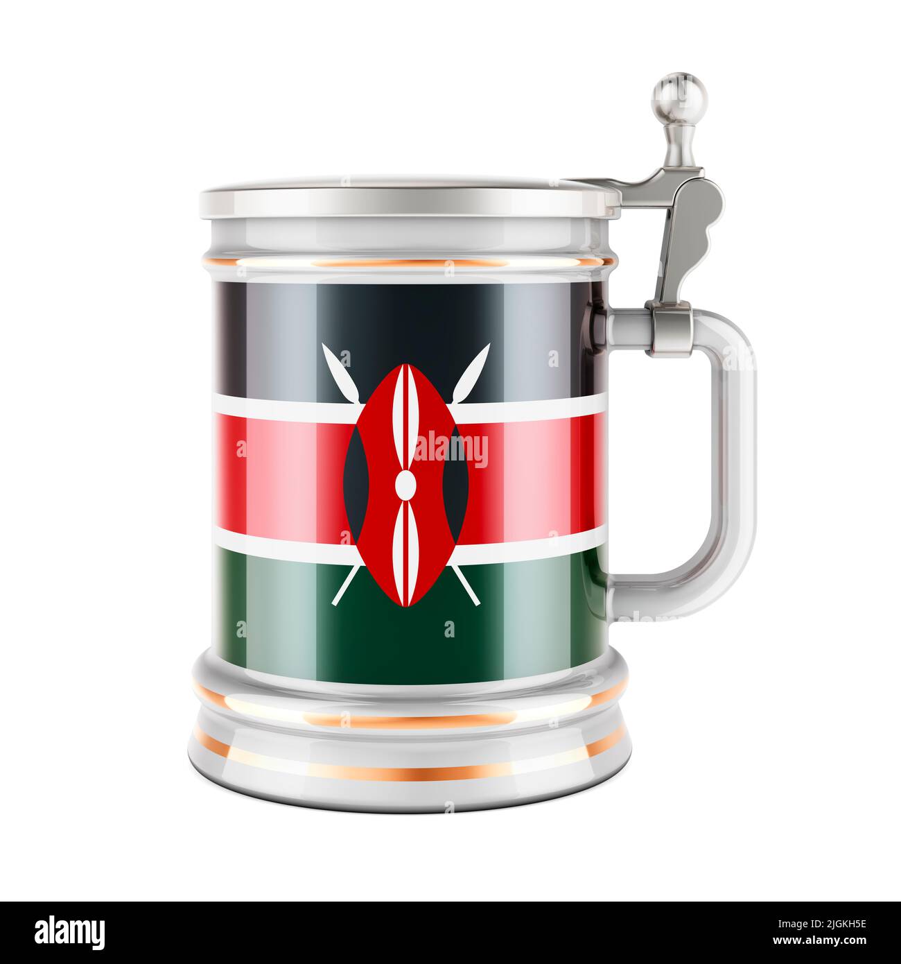 Beer mug with Kenyan flag, 3D rendering isolated on white background