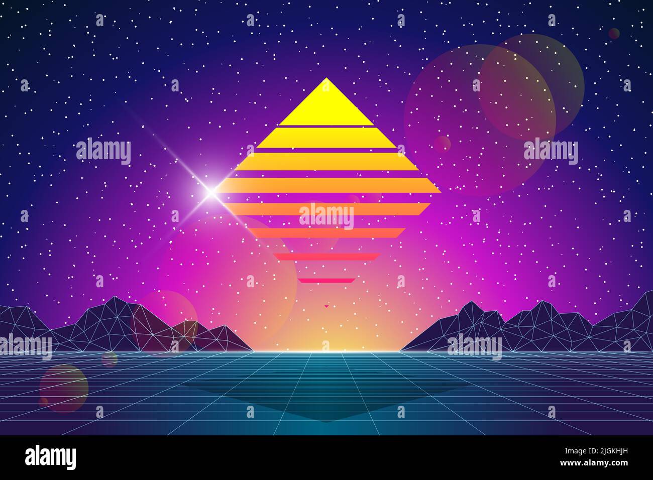Future digital technology metaverse concept abstract background. Virtual reality universe futuristic 3d landscape with graphical mountains and square sun. Meta cyber space vector eps illustration Stock Vector