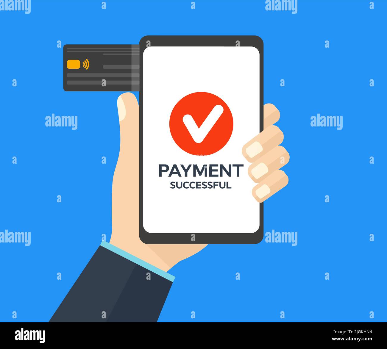 Using smartphone for NFC payment at cafe restaurant, cashless, contactless technology and money transfer concept logo design. Successful pay. Stock Vector