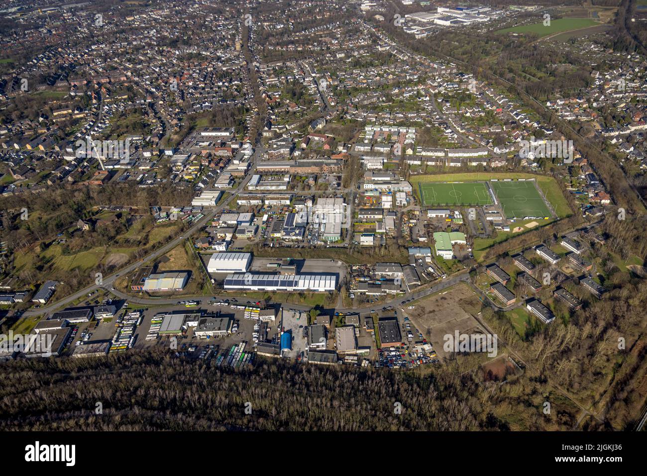 Aerial view, industrial area Im Blankenfeld and Gabelsbergerstraße in the district Batenbrock-Nord in Bottrop, Ruhr area, North Rhine-Westphalia, Germ Stock Photo