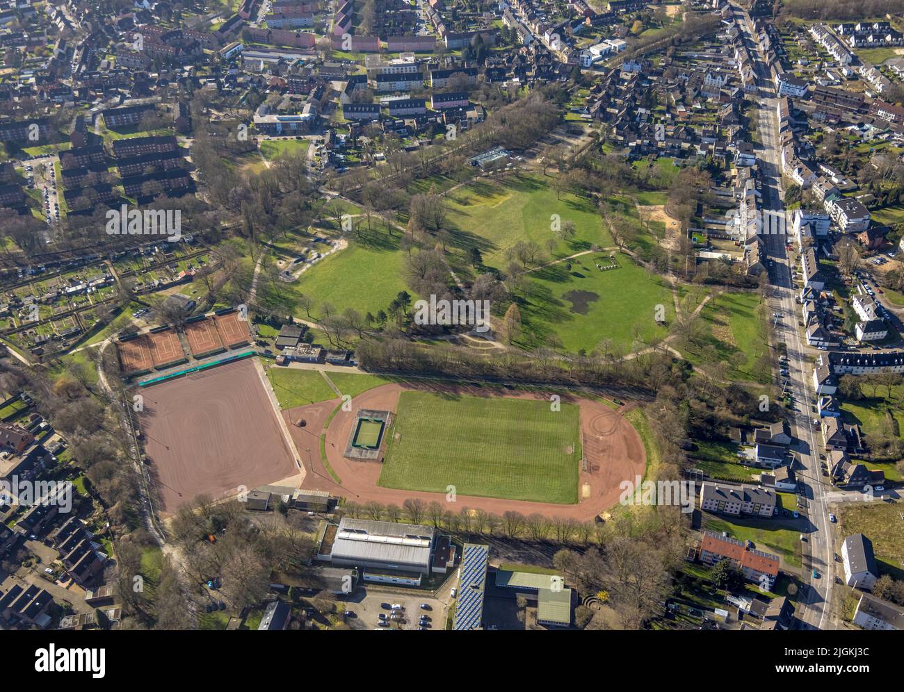 Aerial view, sports field and newly designed Volkspark with Pumptrack Horster Straße in the district Batenbrock-Nord in Bottrop, Ruhr area, North Rhin Stock Photo