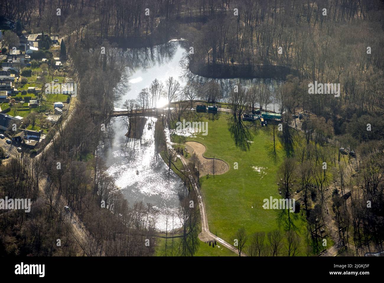 Aerial view, Revierpark Vonderort with desilting works at ponds in the district Osterfeld in Oberhausen, Ruhr area, North Rhine-Westphalia, Germany, D Stock Photo