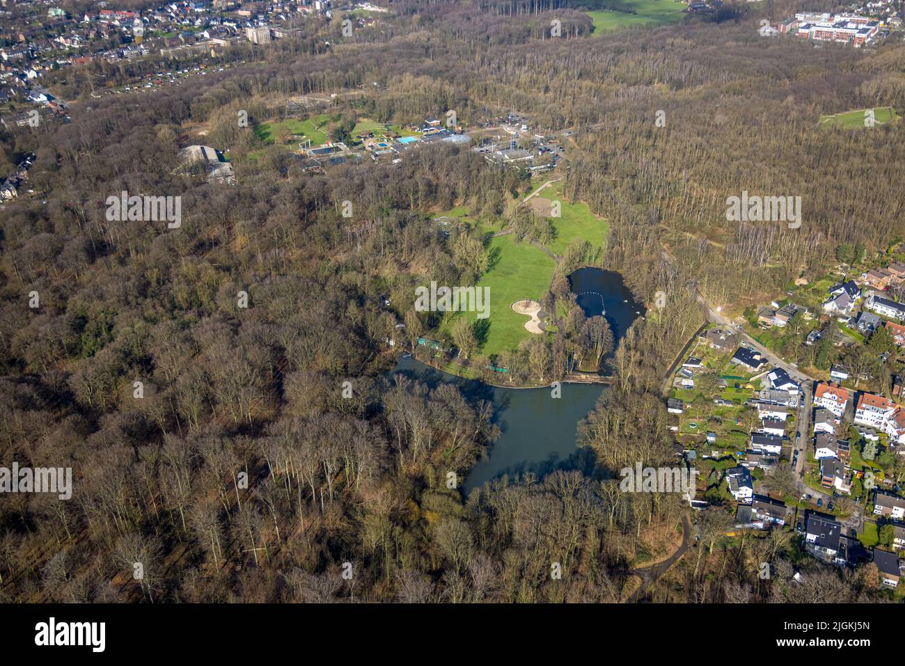 Aerial view, outdoor pool Solbad Vonderort in the Revierpark and construction site in the district Osterfeld in Oberhausen, Ruhr area, North Rhine-Wes Stock Photo