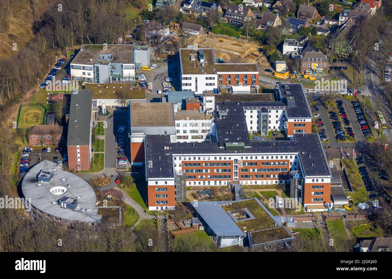 Aerial view, miners' hospital in the south-west district of Bottrop, Ruhr area, North Rhine-Westphalia, Germany, Bottrop, DE, Europe, healthcare, hosp Stock Photo