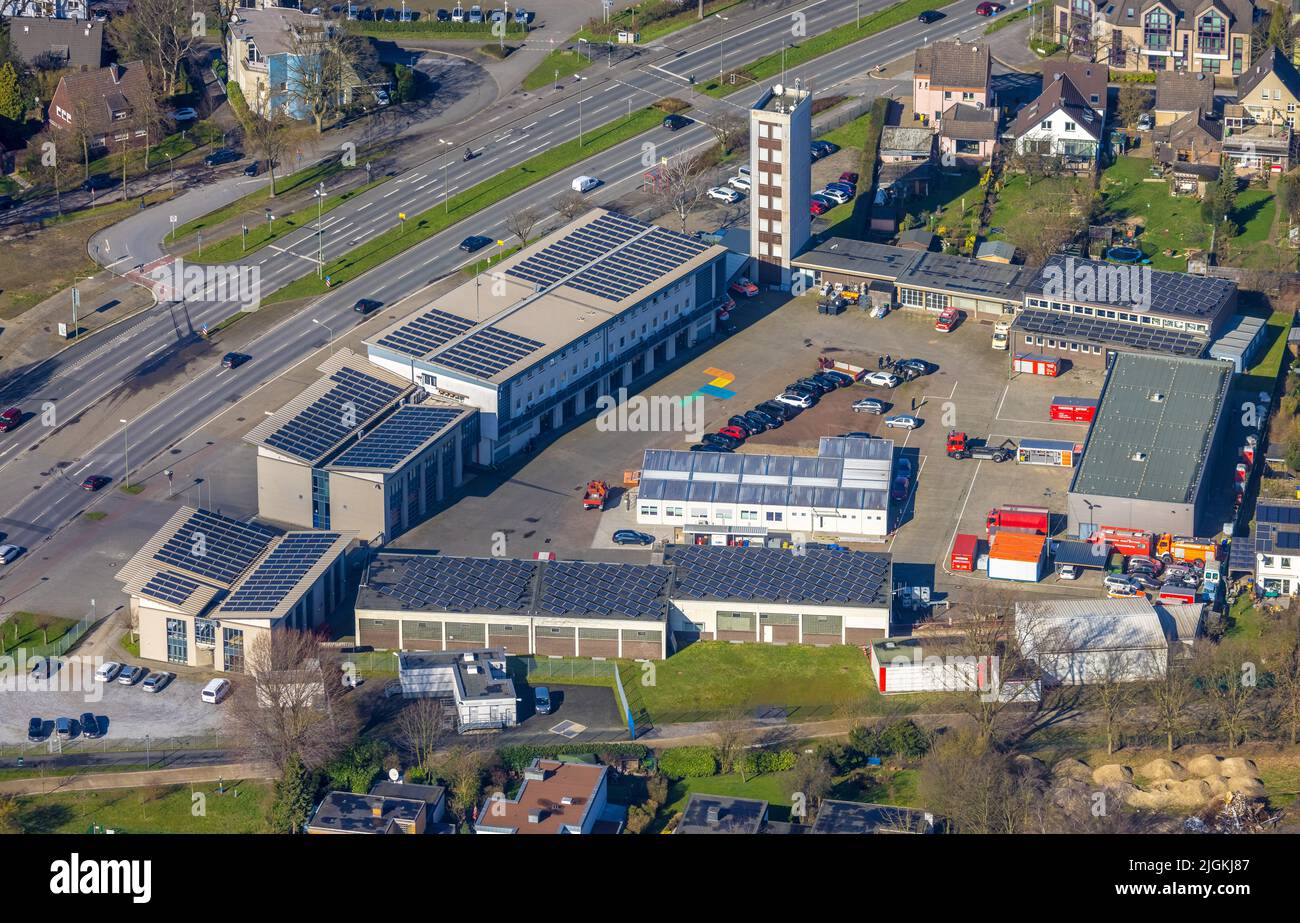 Aerial view, Bottrop Fire Department in the North-East district of Bottrop, Ruhr area, North Rhine-Westphalia, Germany, Bottrop, fire fighters, fire p Stock Photo