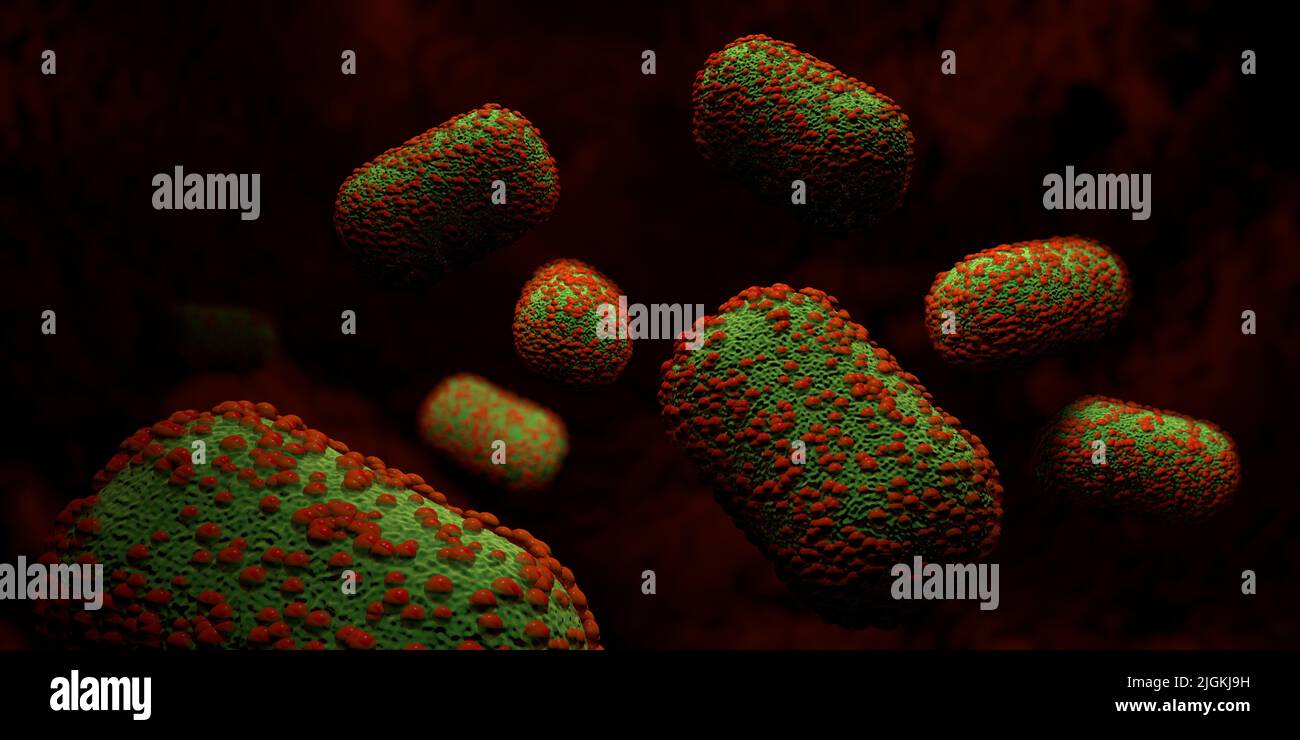 Close up of group of green viruses with red spots of monkeypox floating on a dark red. 3D Illustration Stock Photo