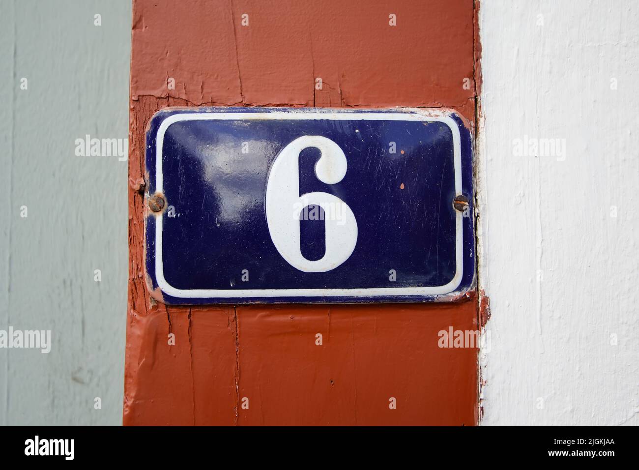 number six in metallic plate format, with copy space and blue and white color - 6 Stock Photo