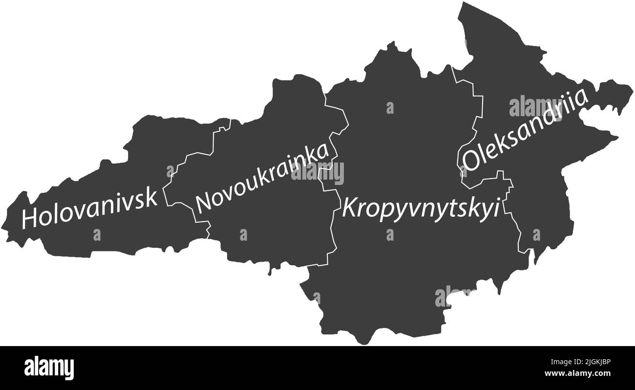 Dark gray tagged map of raions of the KIROVOHRAD OBLAST, UKRAINE Stock Vector
