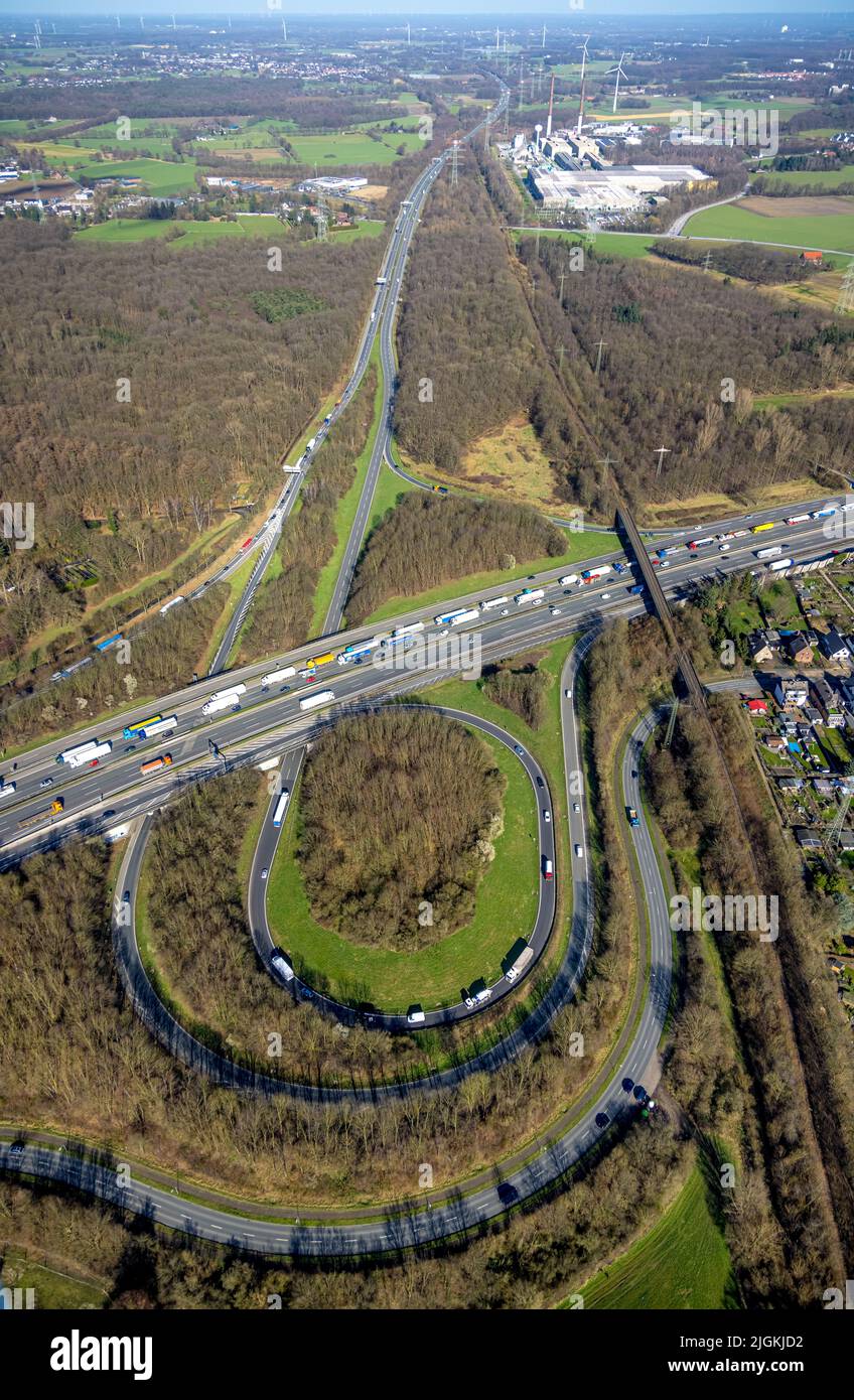 Aerial view, Bottrop motorway triangle of the A2 and A31 motorway, city forest, Bottrop, Ruhr area, North Rhine-Westphalia, Germany, motorway, DE, Eur Stock Photo