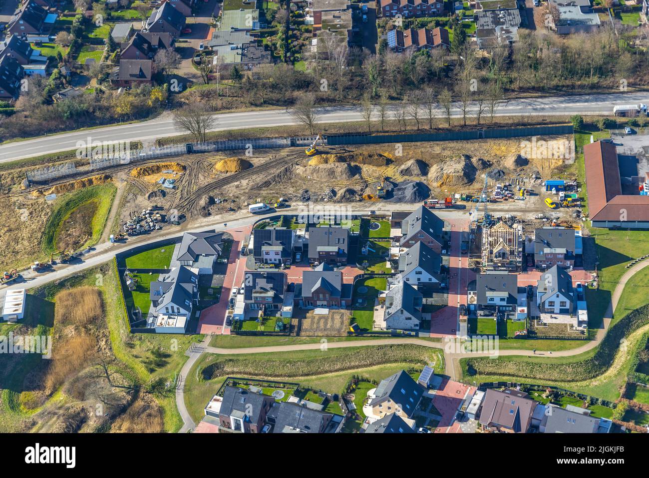 Aerial view, construction of a noise barrier between Hackfurthstraße and Dorfheide in Kirchhellen, Bottrop, Ruhr area, North Rhine-Westphalia, Germany Stock Photo