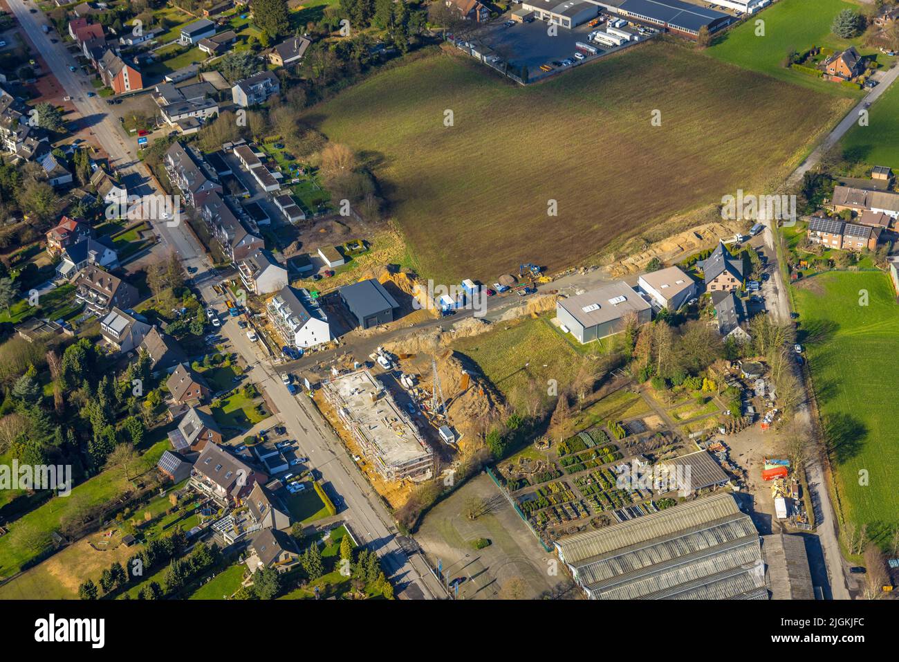 Aerial view, construction site and new building Hegestraße Grafenwald at the city limits of Gladbeck in Kirchhellen-Süd, Bottrop, Ruhr area, North Rhi Stock Photo