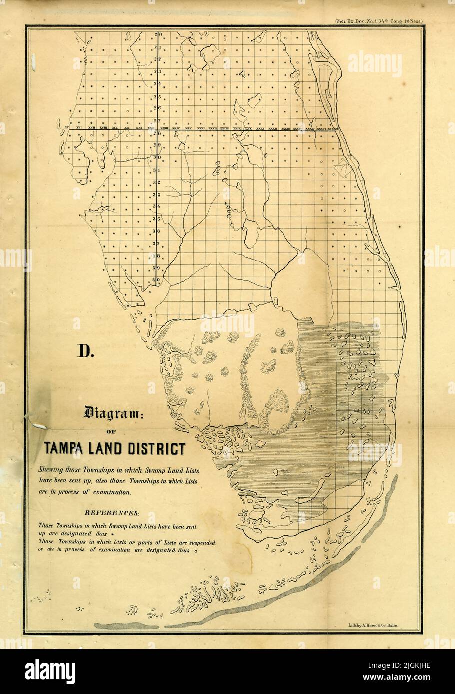 Map of Tampa Land District Townships, 1855, by A. Hoen and Company Stock Photo