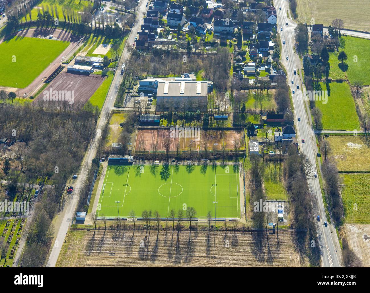 Aerial photo, sports field VFB Kirchhellen Loewenfeldstraße in Kirchhellen, Bottrop, Ruhr area, North Rhine-Westphalia, Germany, district sports facil Stock Photo