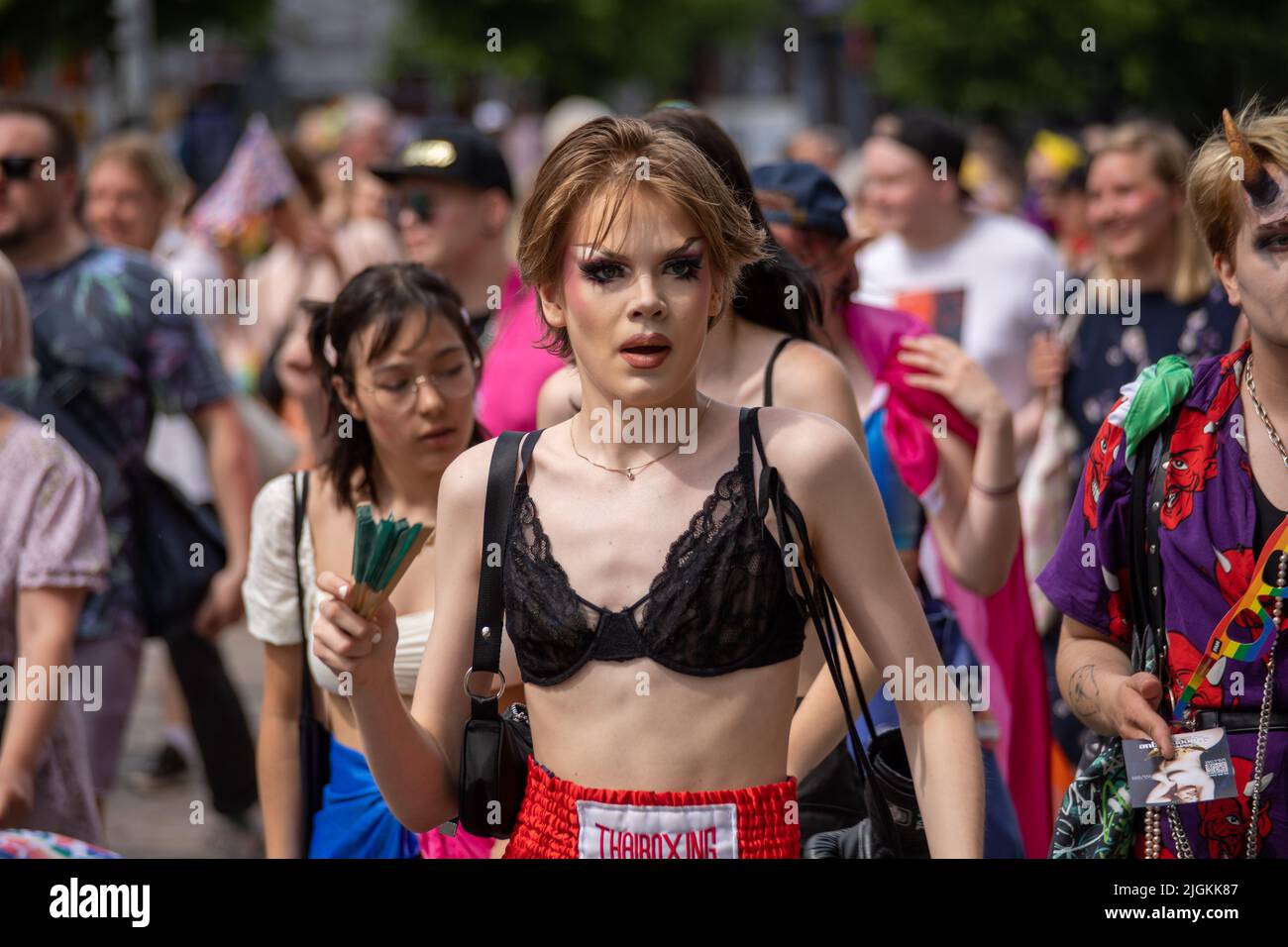 Participant at Helsinki Pride 2022 Parade in Helsinki, Finland Stock Photo