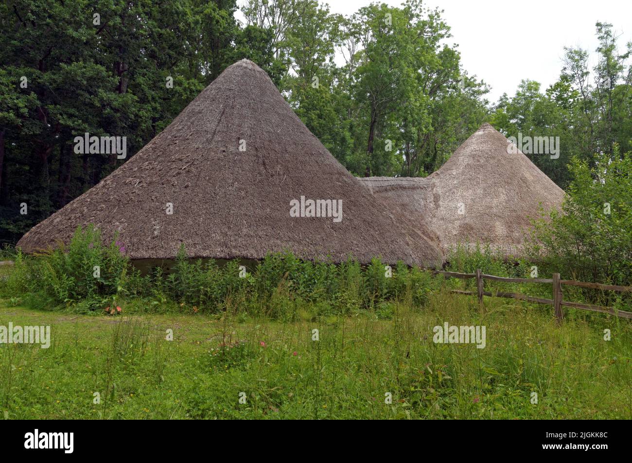 Bryn Eryr Iron Age Roundhouses. The Celtic Village. Celtic roundhouses. St Fagans Views. July 2022. Summer Stock Photo