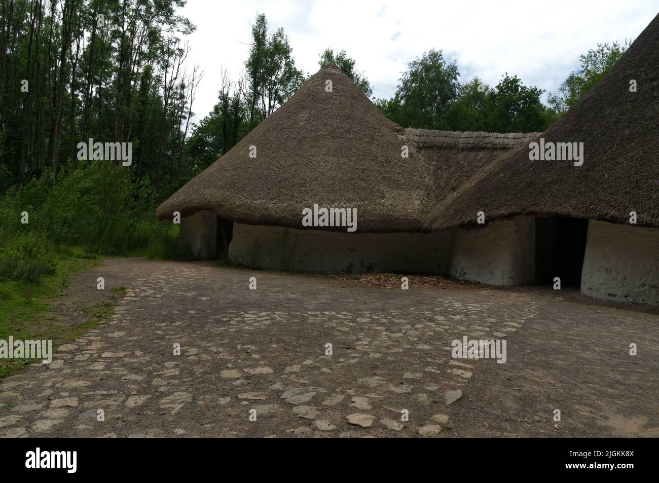 Bryn Eryr Iron Age Roundhouses. The Celtic Village. Celtic roundhouses. St Fagans Views. July 2022. Summer Stock Photo