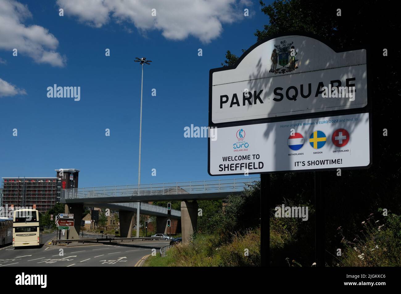 Welcome to Sheffield sign at Park Square before the UEFA Womens Euro 2022 football match between France and Italy at New York Stadium in Rotherham, England. (Sven Beyrich /Sportfrauen /SPP) Credit: SPP Sport Press Photo. /Alamy Live News Stock Photo