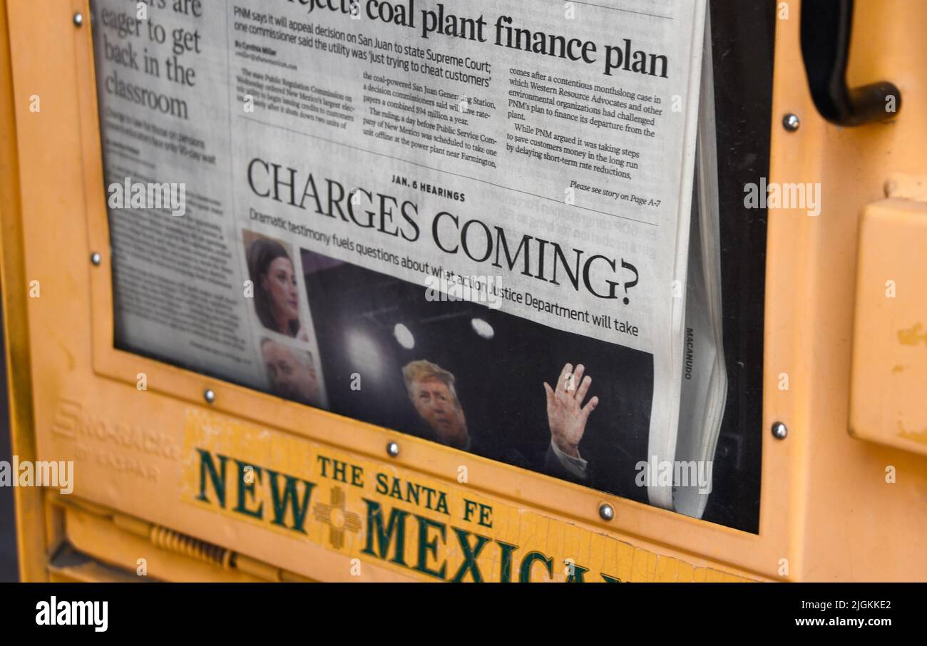 The front page of a newspaper in Santa Fe, New Mexico, contains an article on former White House aide Cassidy Hutchison's testimony at a Trump hearing Stock Photo