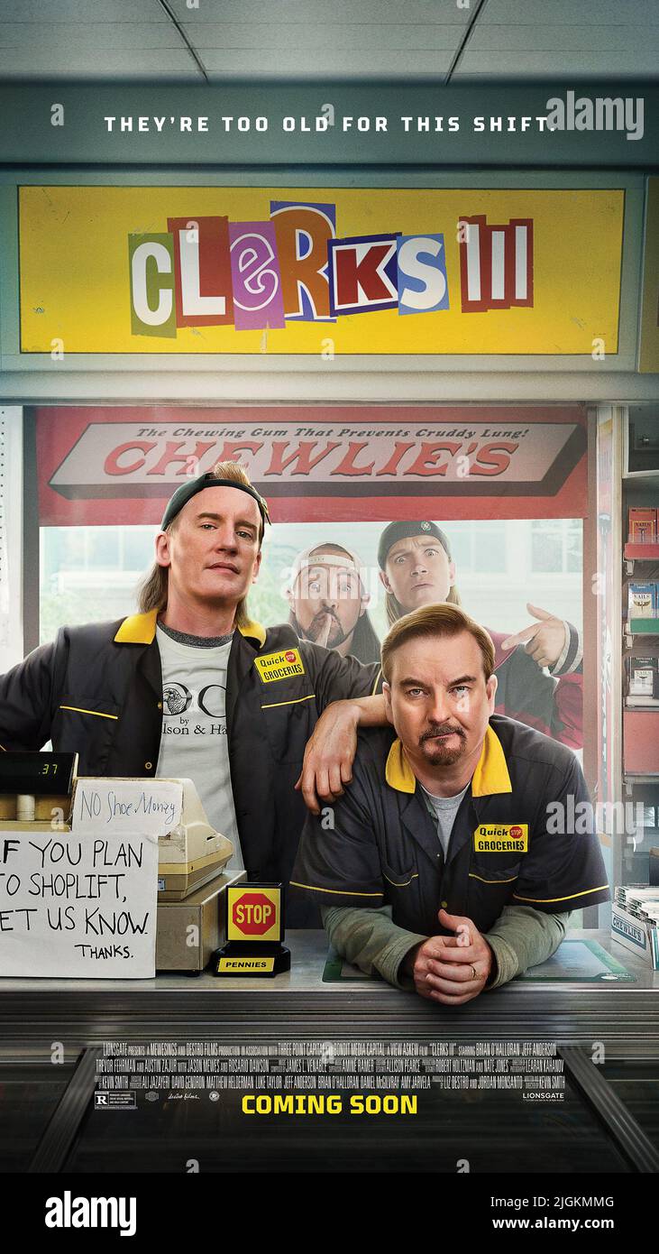 RELEASE DATE: September 13, 2022. TITLE: Clerks III. STUDIO: Lionsgate. DIRECTOR: Kevin Smith. PLOT: Dante, Elias, and Jay and Silent Bob are enlisted by Randal after a heart attack to make a movie about the convenience store that started it all. STARRING: Jeff Anderson and Brian O'Halloran. (Credit Image: © Lionsgate/Entertainment Pictures) Stock Photo