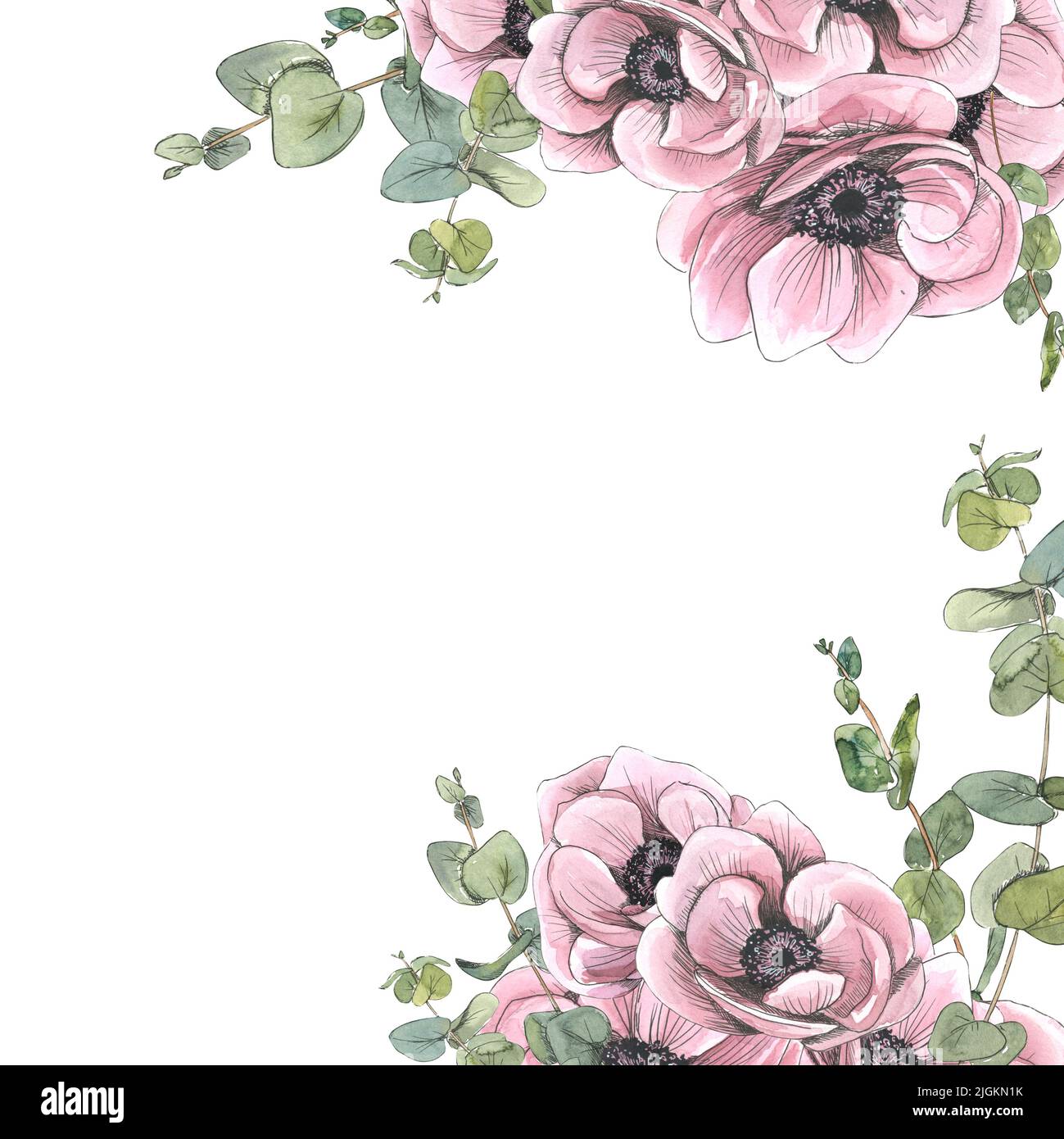 A frame of pink anemone flowers and eucalyptus twigs. Watercolor illustration in sketch style with graphic elements. From a large set of PARIS. For Stock Photo