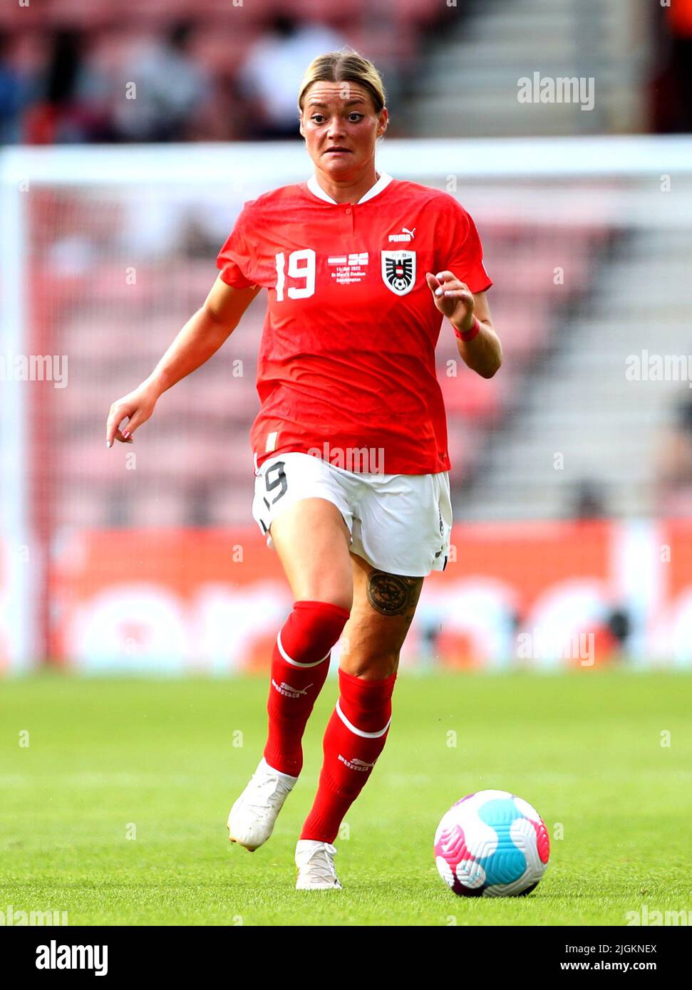 Austria's Verena Hanshaw during the UEFA Women's Euro 2022 Group A match at St Mary's Stadium, Southampton. Picture date: Monday July 11, 2022. Stock Photo