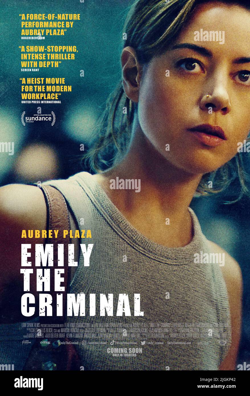 RELEASE DATE: August 12, 2022. TITLE: Emily The Criminal. STUDIO: Roadside Attractions. DIRECTOR: John Patton Ford. PLOT: Down on her luck and saddled with debt, Emily gets involved in a credit card scam that pulls her into the criminal underworld of Los Angeles, ultimately leading to deadly consequences. STARRING: AUBREY PLAZA as Emily poster art. (Credit Image: © Roadside Attractions/Entertainment Pictures) Stock Photo