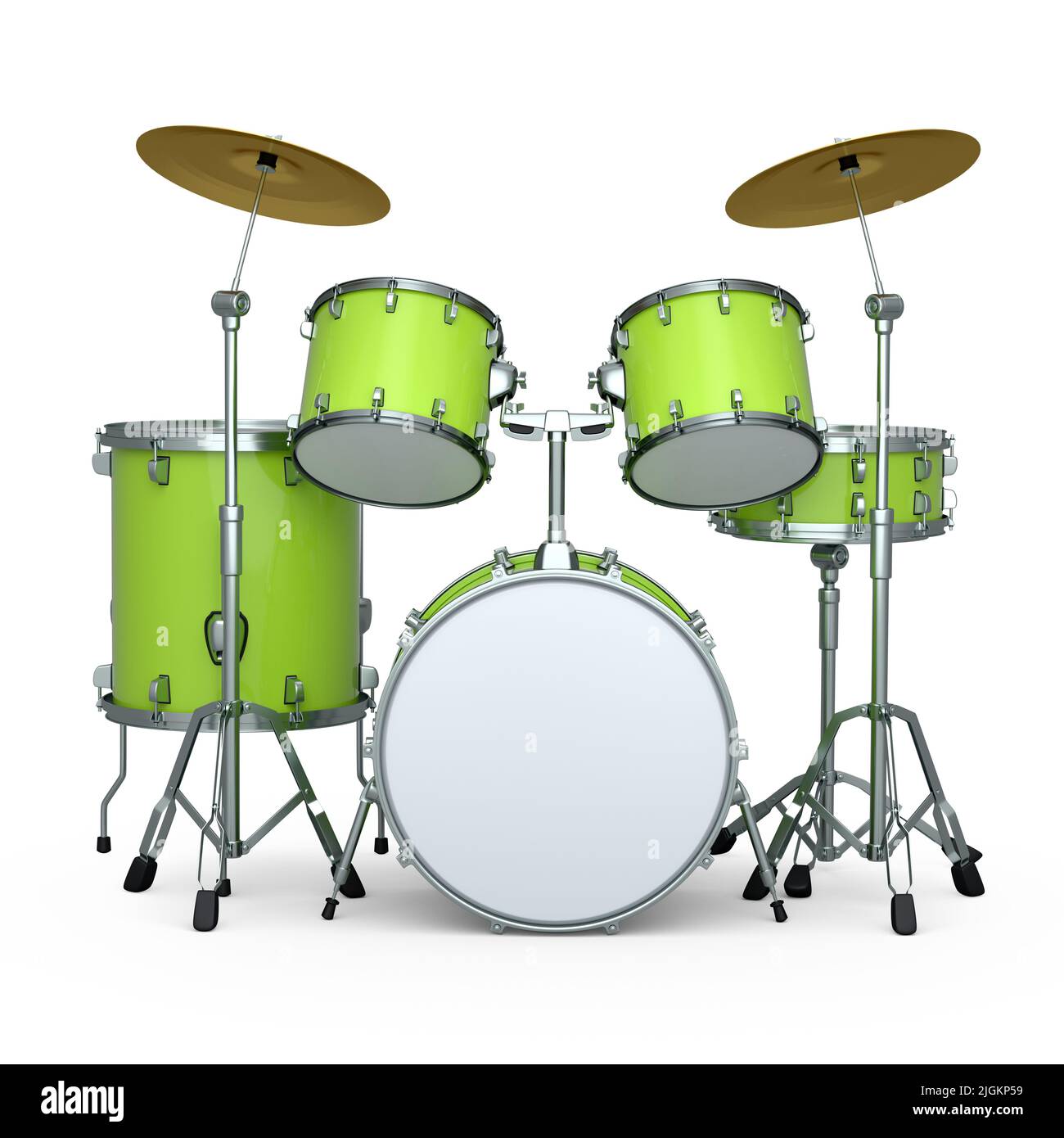 Set of realistic drums with metal cymbals or drumset on white