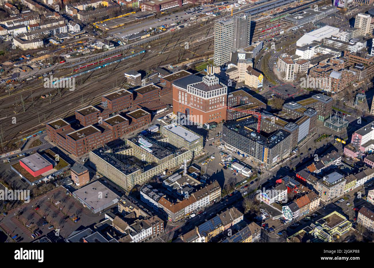 Aerial view, Dortmunder U Centre for Art and Creativity, Robert-Schuman Vocational College, construction site for student housing complex at Emil-Moog Stock Photo