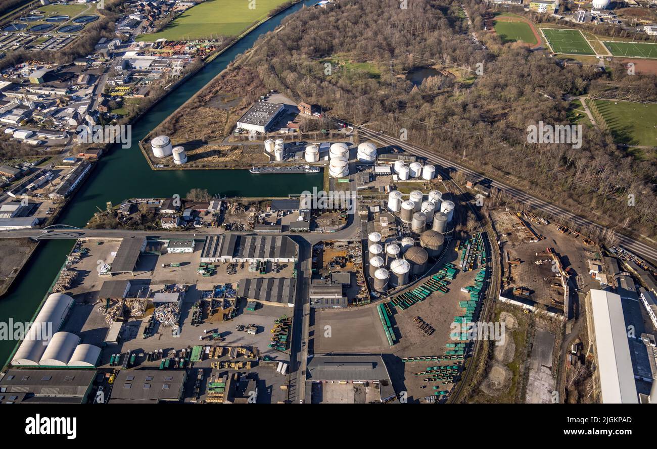 Aerial view, Dortmund Port and Tank Farm, Port, Dortmund, Ruhr Area, North Rhine-Westphalia, Germany, DE, Europe, Port of Dortmund, Port Overview, Can Stock Photo
