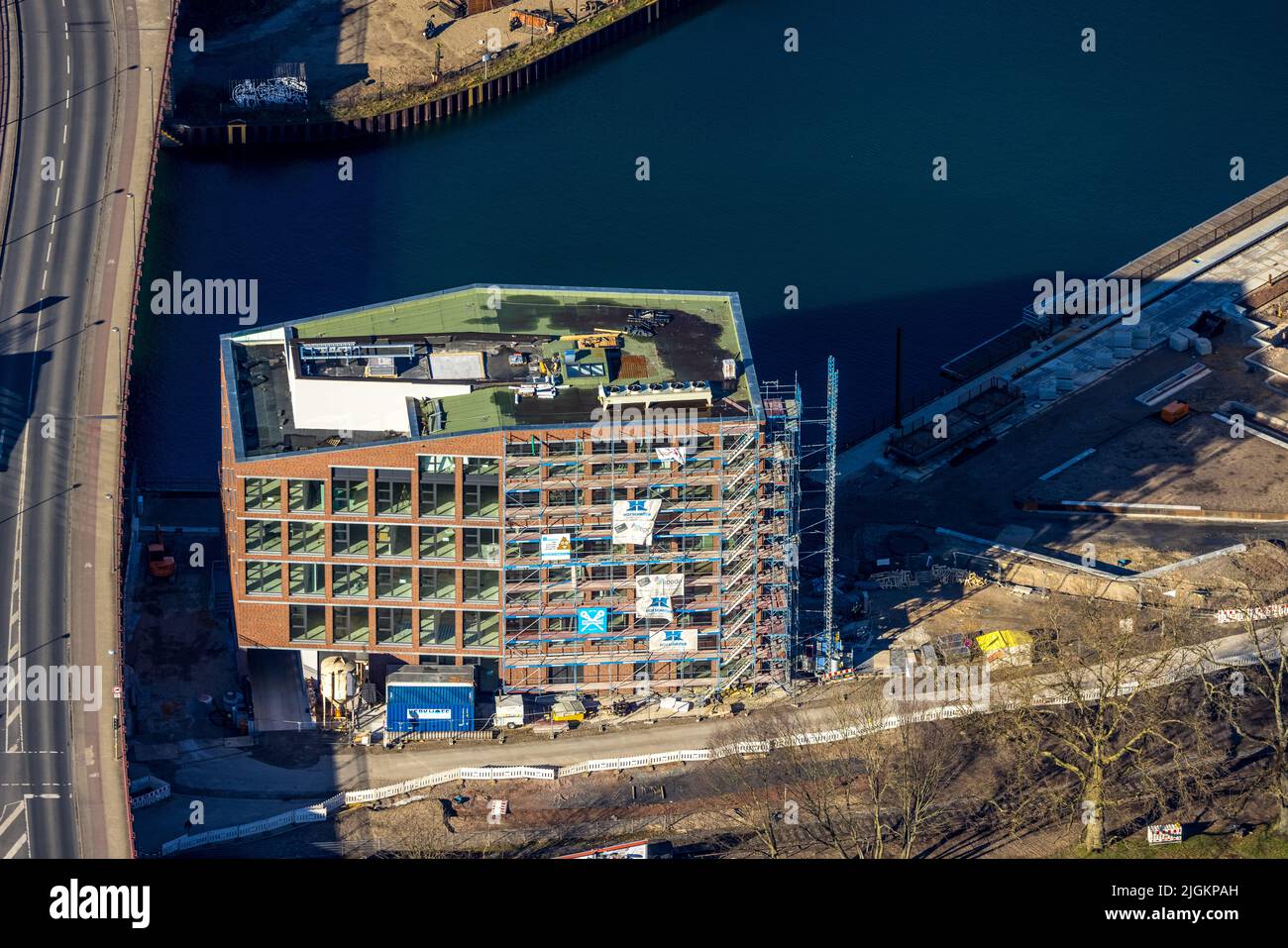 Aerial view, construction site Speicherstraße with new office building at the bridge Sunderweg in Dortmund harbour, harbour, Dortmund, Ruhr area, Nort Stock Photo