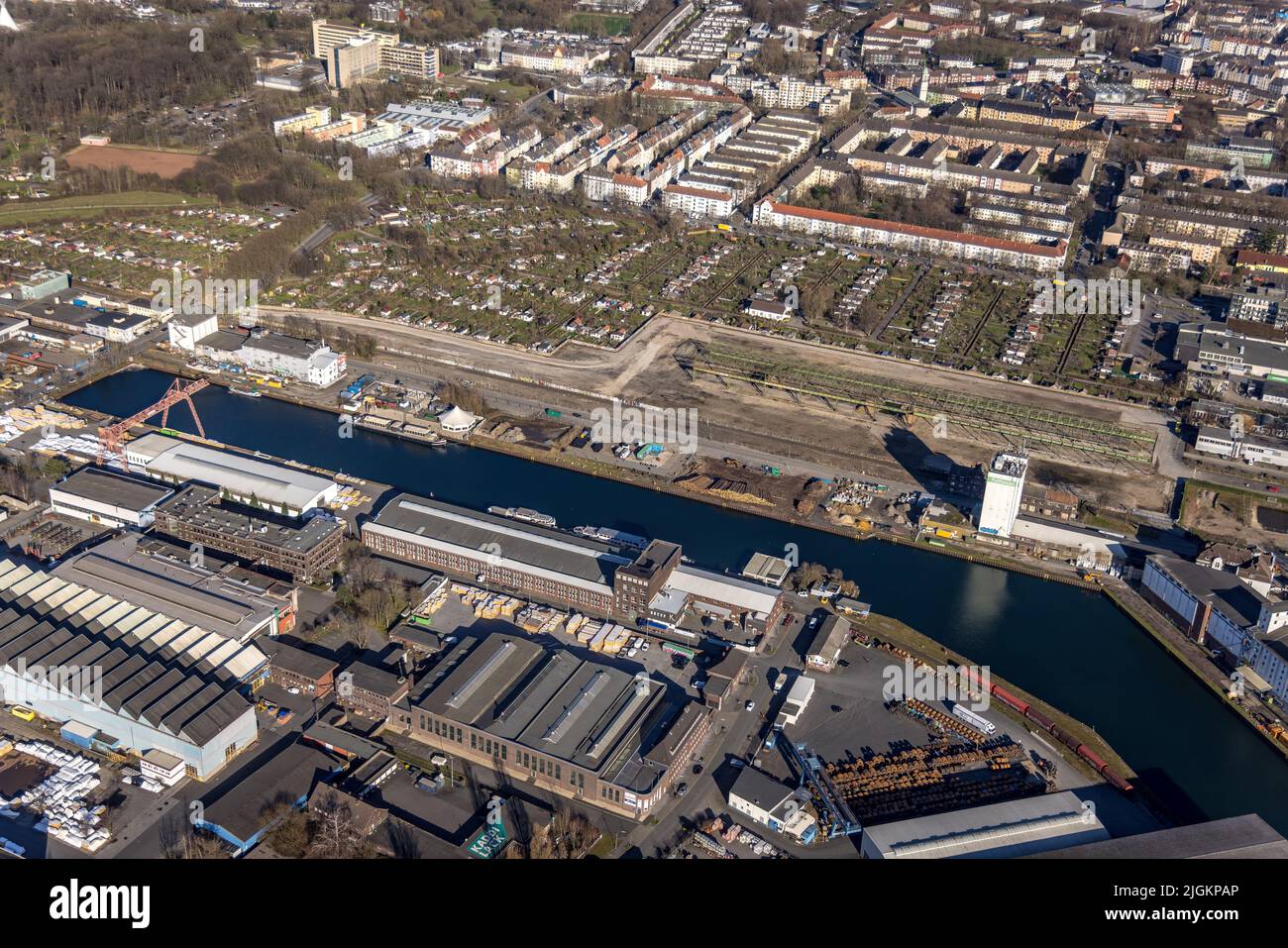 Aerial view, Dortmund harbour and allotment garden association Hafenwiese, harbour, Dortmund, Ruhr area, North Rhine-Westphalia, Germany, DE, Europe, Stock Photo