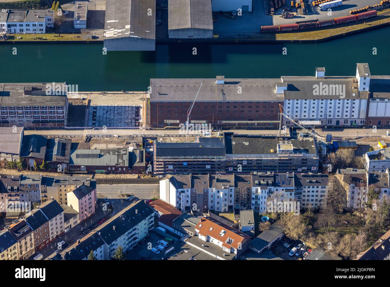 Aerial view, Dortmund harbour, construction site between Speicherstraße and Lagerhausstraße, harbour, Dortmund, Ruhr area, North Rhine-Westphalia, Ger Stock Photo