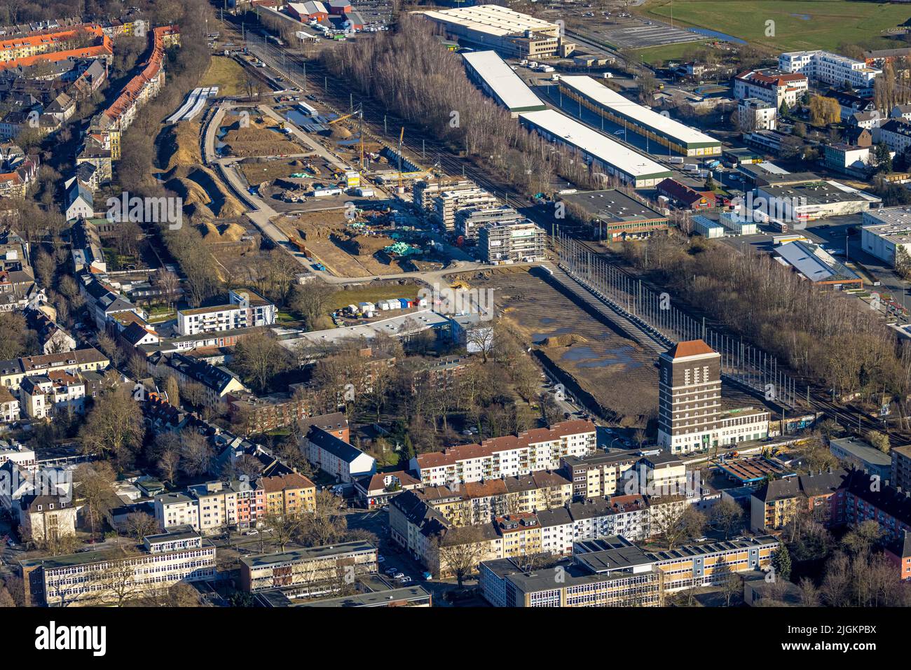 Aerial view, construction site of crown prince quarter for new building of flats at the water tower south station, Westfalendamm, Dortmund, Ruhr area, Stock Photo