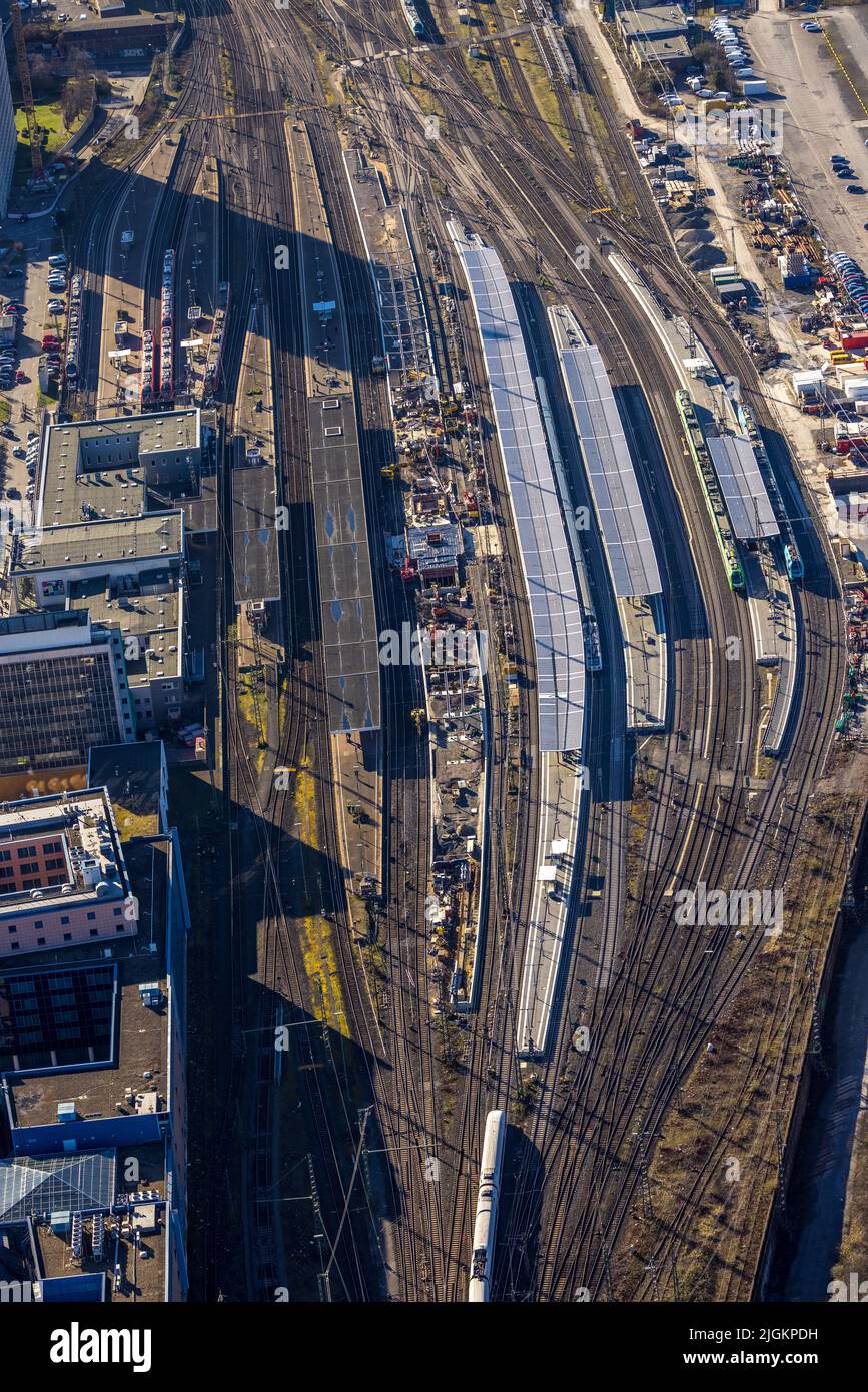 Aerial view, Dortmund main station with construction site platform renewal, City, Dortmund, Ruhr area, North Rhine-Westphalia, Germany, railway tracks Stock Photo