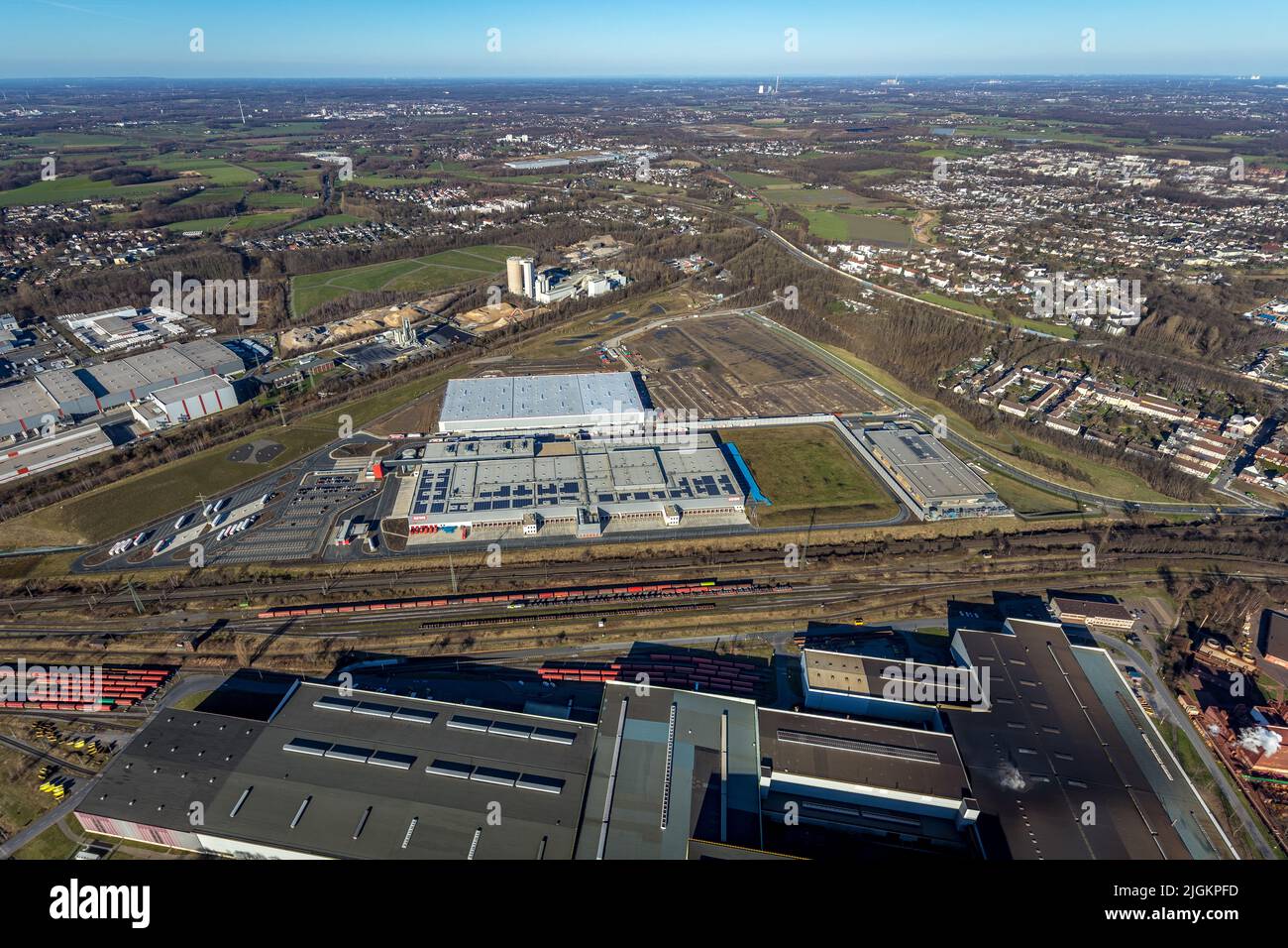 Aerial photograph, Rewe Dortmund logistics centre, Westfalenhütte Walzwerkstraße industrial estate, Dortmund, Ruhr area, North Rhine-Westphalia, Germa Stock Photo