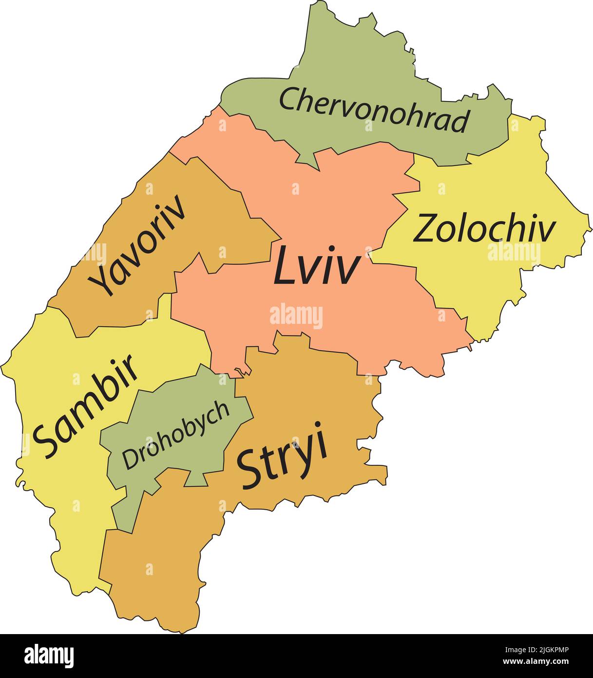 Pastel tagged map of raions of the LVIV OBLAST, UKRAINE Stock Vector