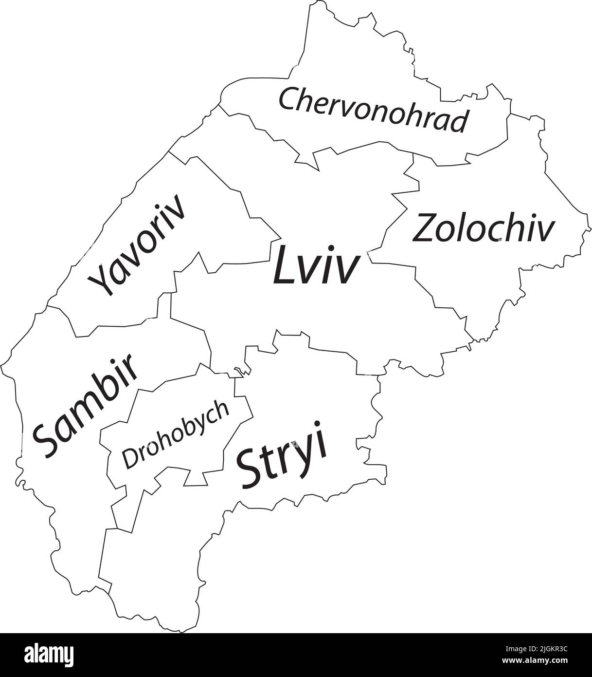 White tagged map of raions of the LVIV OBLAST, UKRAINE Stock Vector