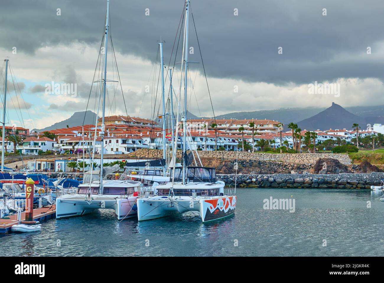 Golf del Sur, Tenerife, Spain - December 7, 2019: Sail yachts at Marina San Miguel Stock Photo