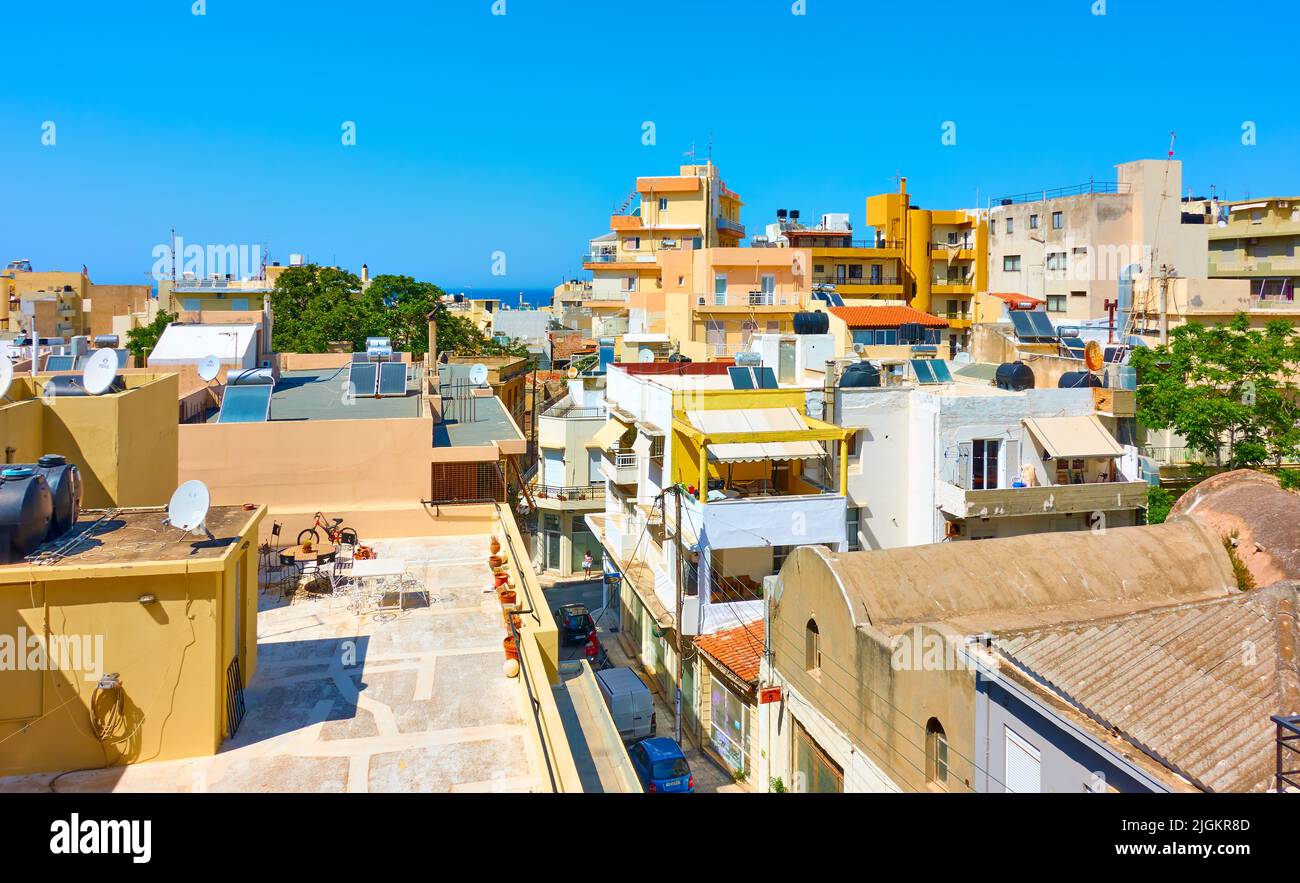 Heraklion, Greece - April 27, 2018: Dwelling houses in Heraklion city, Crete island. Cityscape Stock Photo