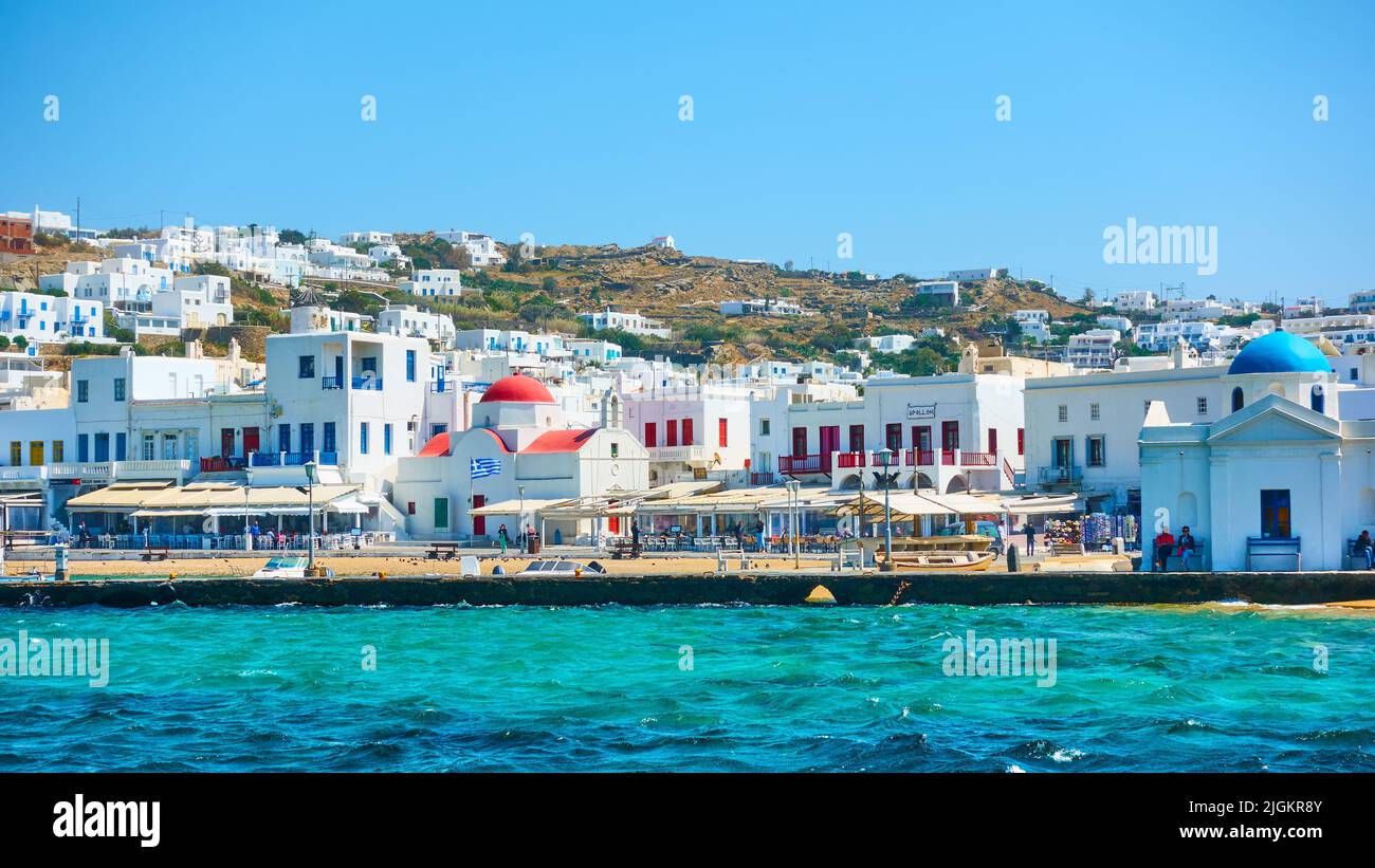 Mykonos, Greece - April 20, 2018: Seafront and beach in Mykonos (Chora) town Stock Photo