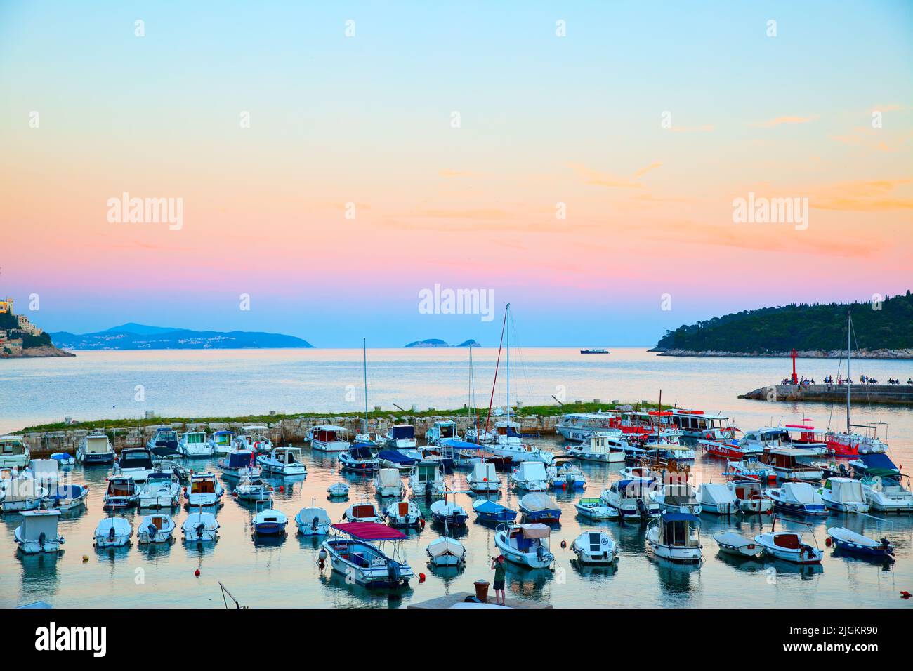 Dubrovnik, Croatia - June 12, 2017: Marina with lots of various boats by the Old Town of Dubrovnik Stock Photo