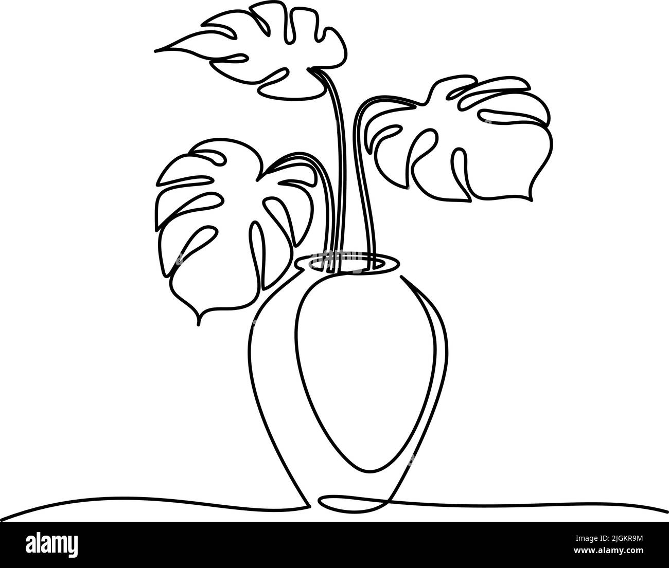 Houseplant in big pot. Continuous one line drawing. Monstera, split leaf philodendron hand drawn floral silhouette. Tropical plant, exotic foliage. Ve Stock Vector