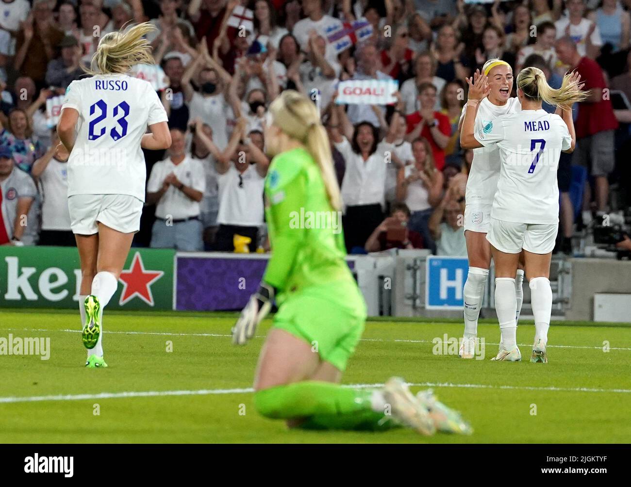 England’s Beth Mead celebrates scoring her sides eighth goal during the