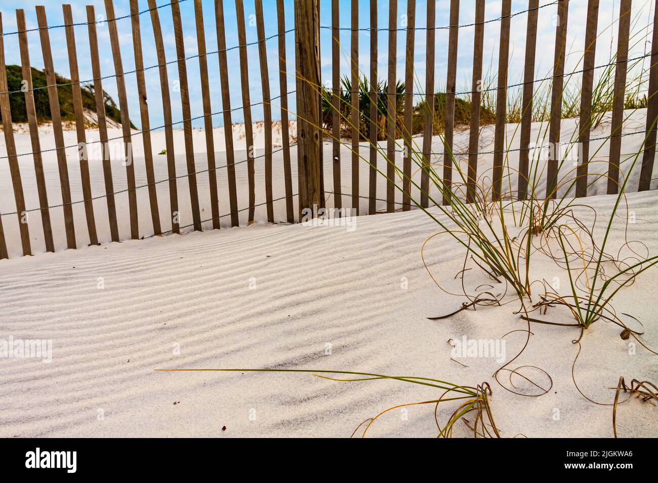 Wooden Erosion Control Fence on White Sand Dunes Grayton Beach State Park Santa Rosa Beach, Florida, USA Stock Photo