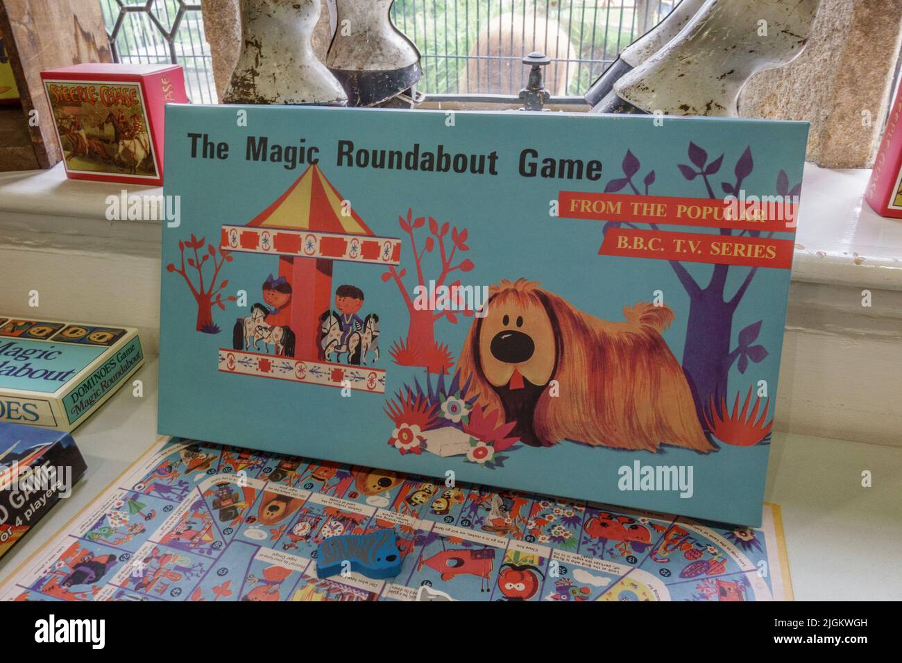 'The Magic Roundabout Game' boardgame from the popular 1960s and 70s (1965 to 1977) BBC tv show on display in a museum in the UK. Stock Photo