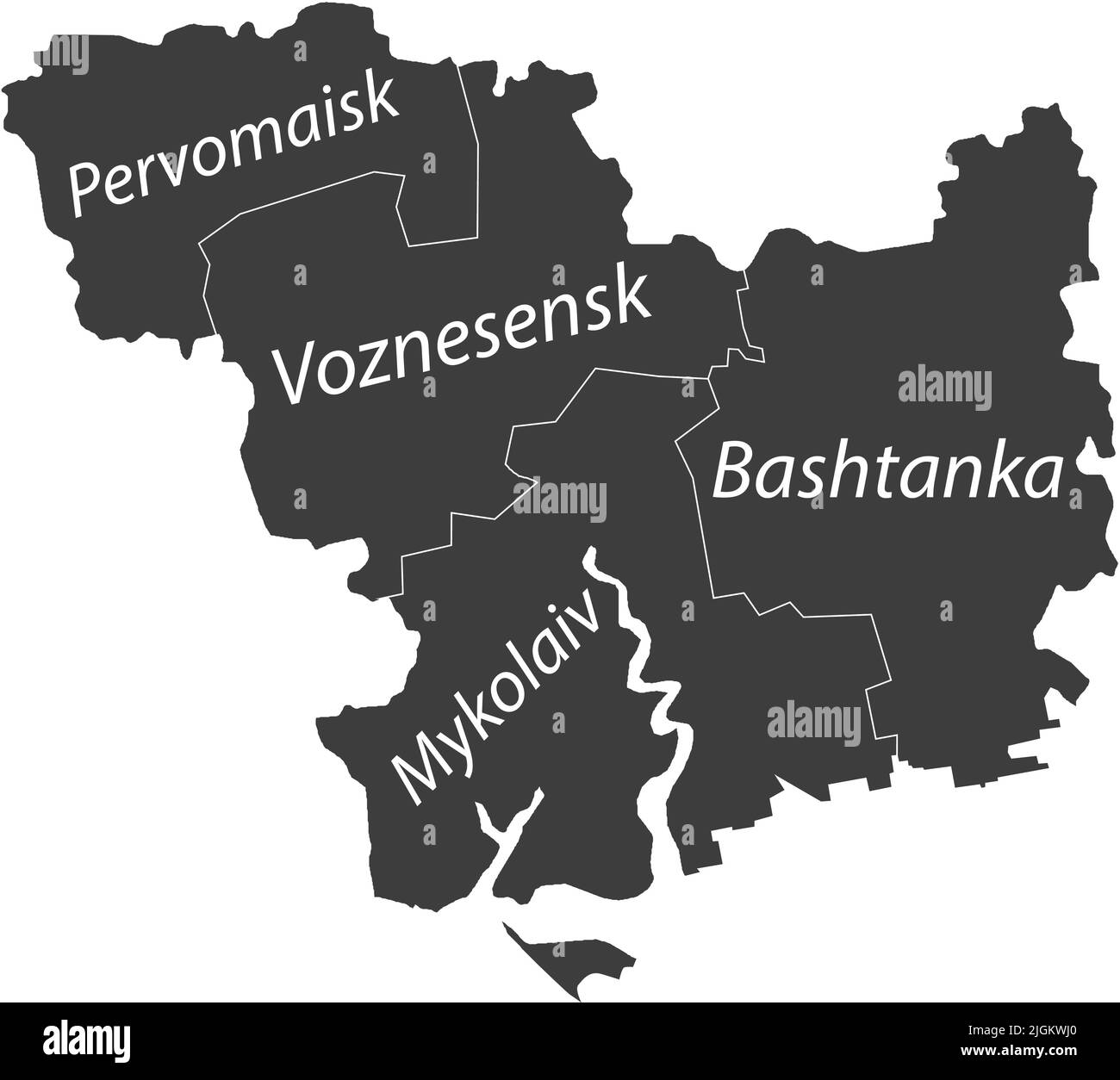 Dark gray tagged map of raions of the MYKOLAIV OBLAST, UKRAINE Stock Vector