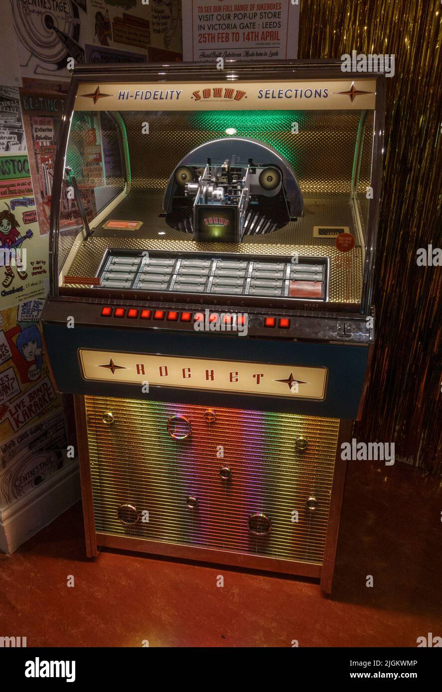 A Rocket Hi-Fidelity Sound Leisure 1950s retro jukebox on display in a museum in the UK. Stock Photo