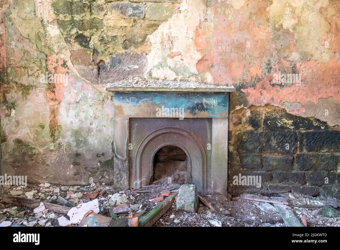 Derelict fireplace in an abandoned Stork House house on the north york moors, north yorkshire Stock Photo