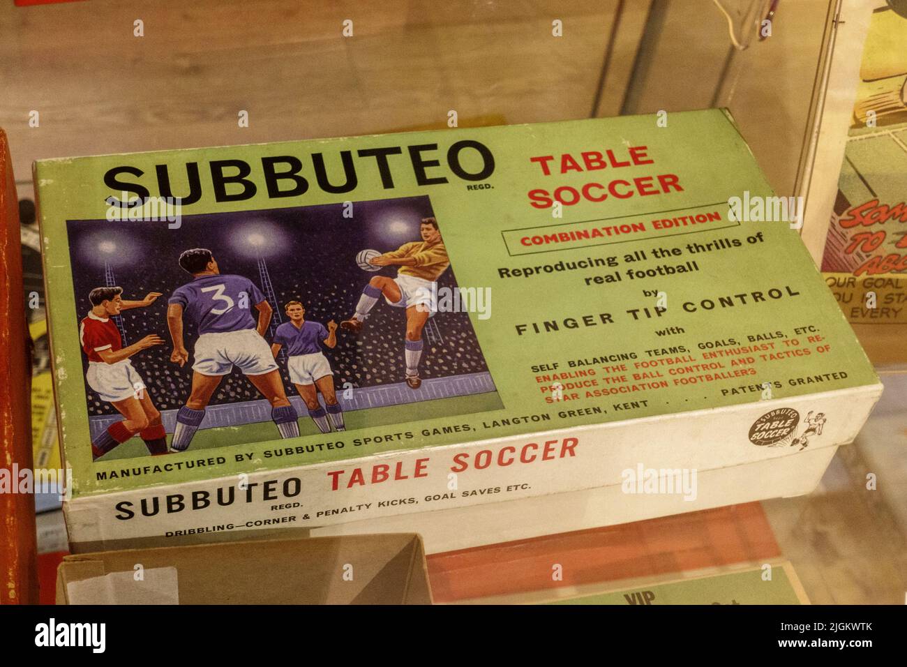 A vintage 1960s Subbuteo table soccer game box on display in a museum in the UK. Stock Photo